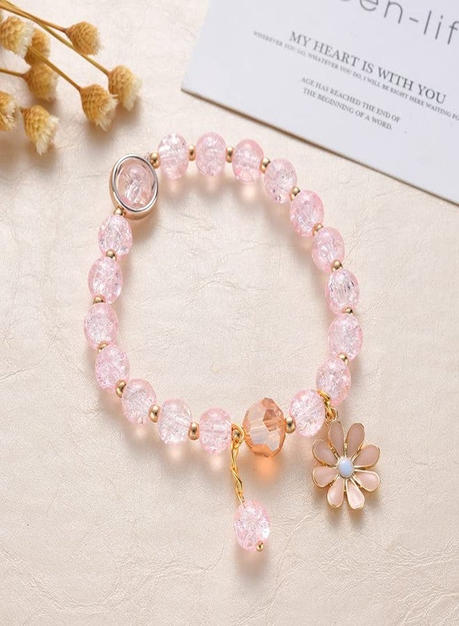 POYAMUSE Colorful Flower Charm Bracelet - Boho Daisy Accessory with Crystal Beads Bracelet for Women-pink - Image 5